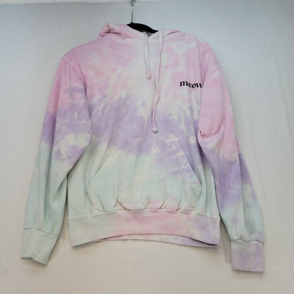 Colortone Meow Hoodie Womens Small Pastel Tie Dye Graphic Pullover Sweatshirt